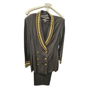 Dawn Joy Black Pants Suit Womens Small Vintage 80's Gold Trim
